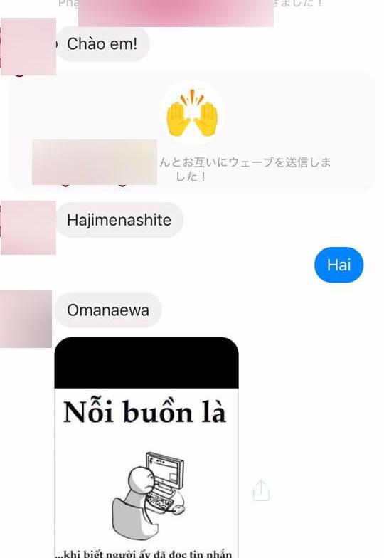 Sau câu "chào em" bằng tiếng Việt thì nam thanh niên bắt đầu chơi mánh xổ tiếng Nhật phiên âm cho oai. (Ảnh: Facebook)